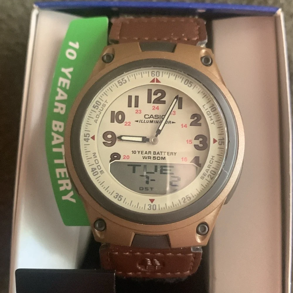 NIB Casio men’s watch. Tan & brown. Adjustable Velcro strap. Face approx 1 1/2” - Picture 2 of 11